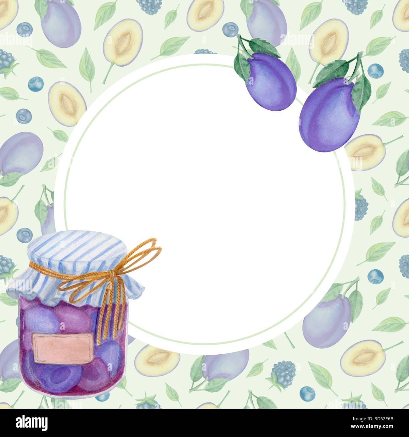 Etikett mit Pflaumenmarmelade in Aquarellfarbe mit Früchten, Beeren und Blättern Stockfoto