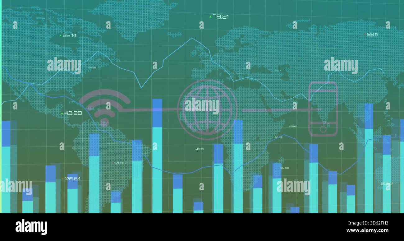 Anzeige des Daten-Dashboards auf der gepunkteten Weltkarte mit Farbbalken, Liniendiagrammen und Symbolen für das Globus-WLAN-Telefon Stockfoto