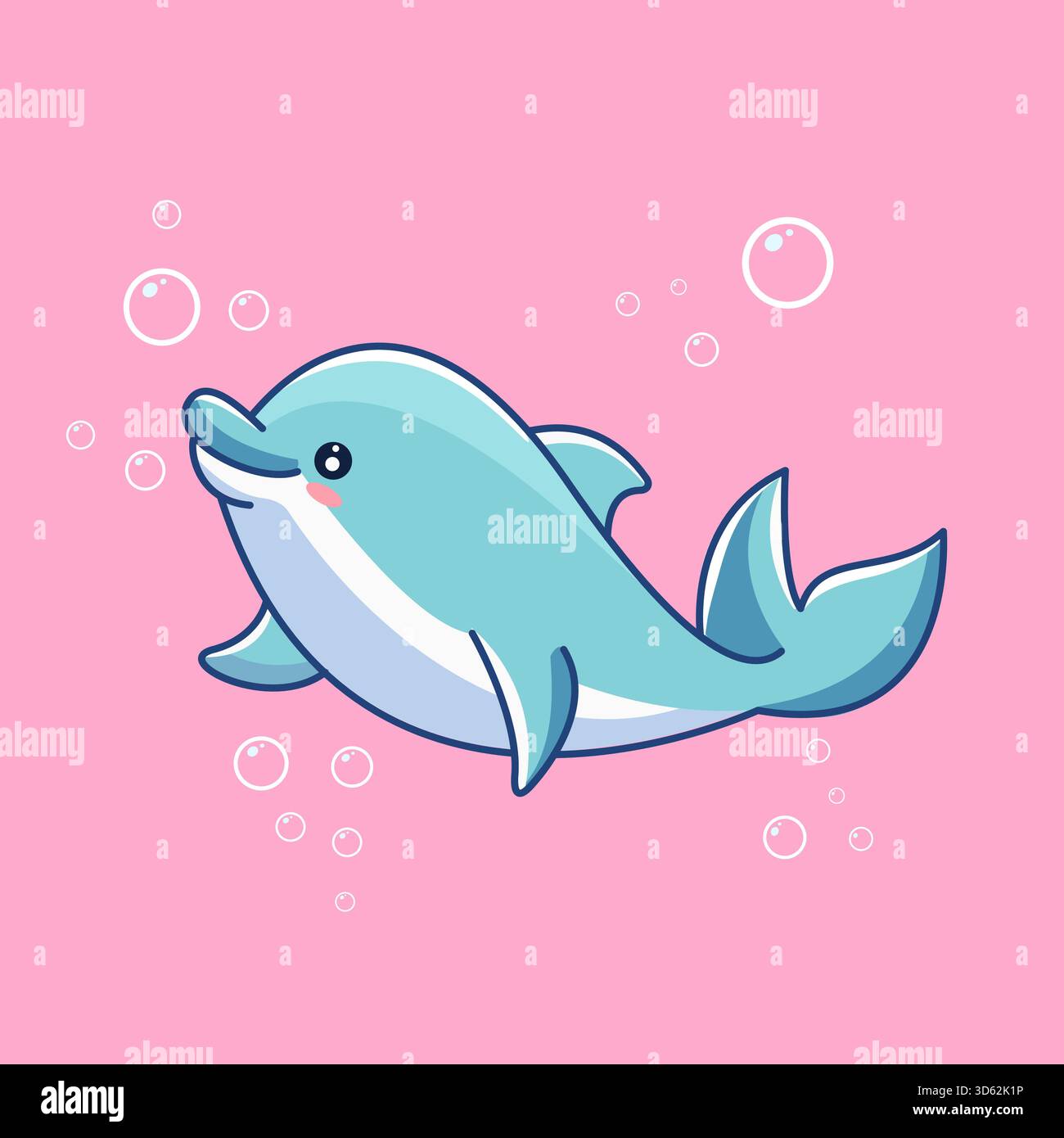 Netter Delfin schwimmt mit Blasen auf einem rosa Hintergrund Vektor-Illustration Cartoon Design Kawaii Stock Vektor