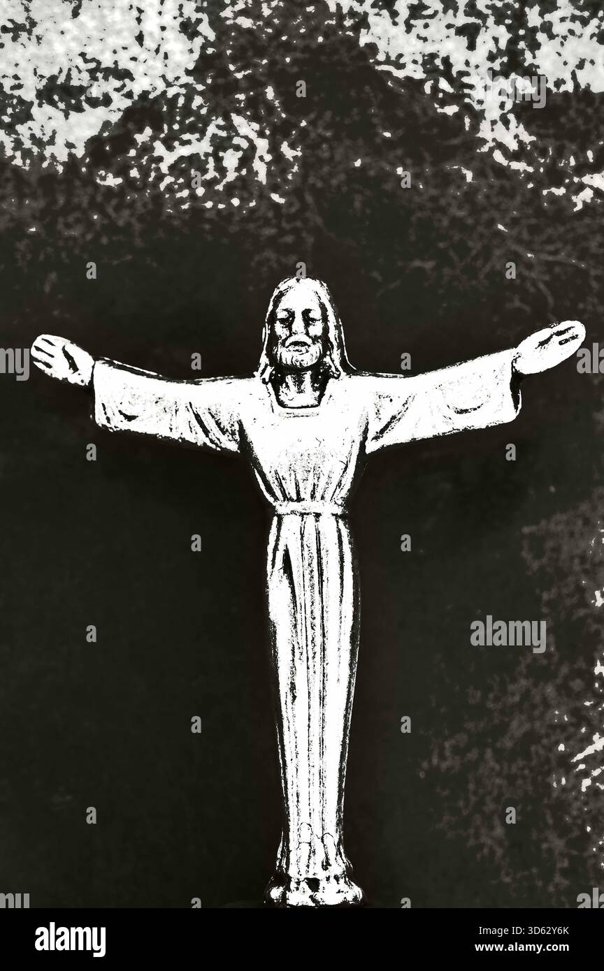 Schwarzweißes Bild des Modells des gekleideten Jesus Christus mit ausgestreckten Armen Stockfoto
