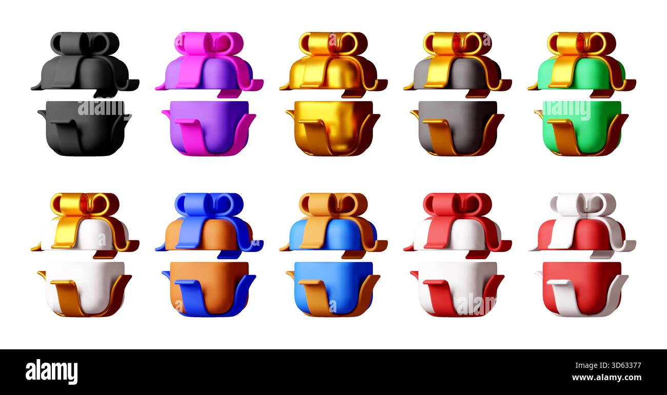 Set aus farbenfrohen 3D-Boxen mit Geschenkschleifen Stock Vektor