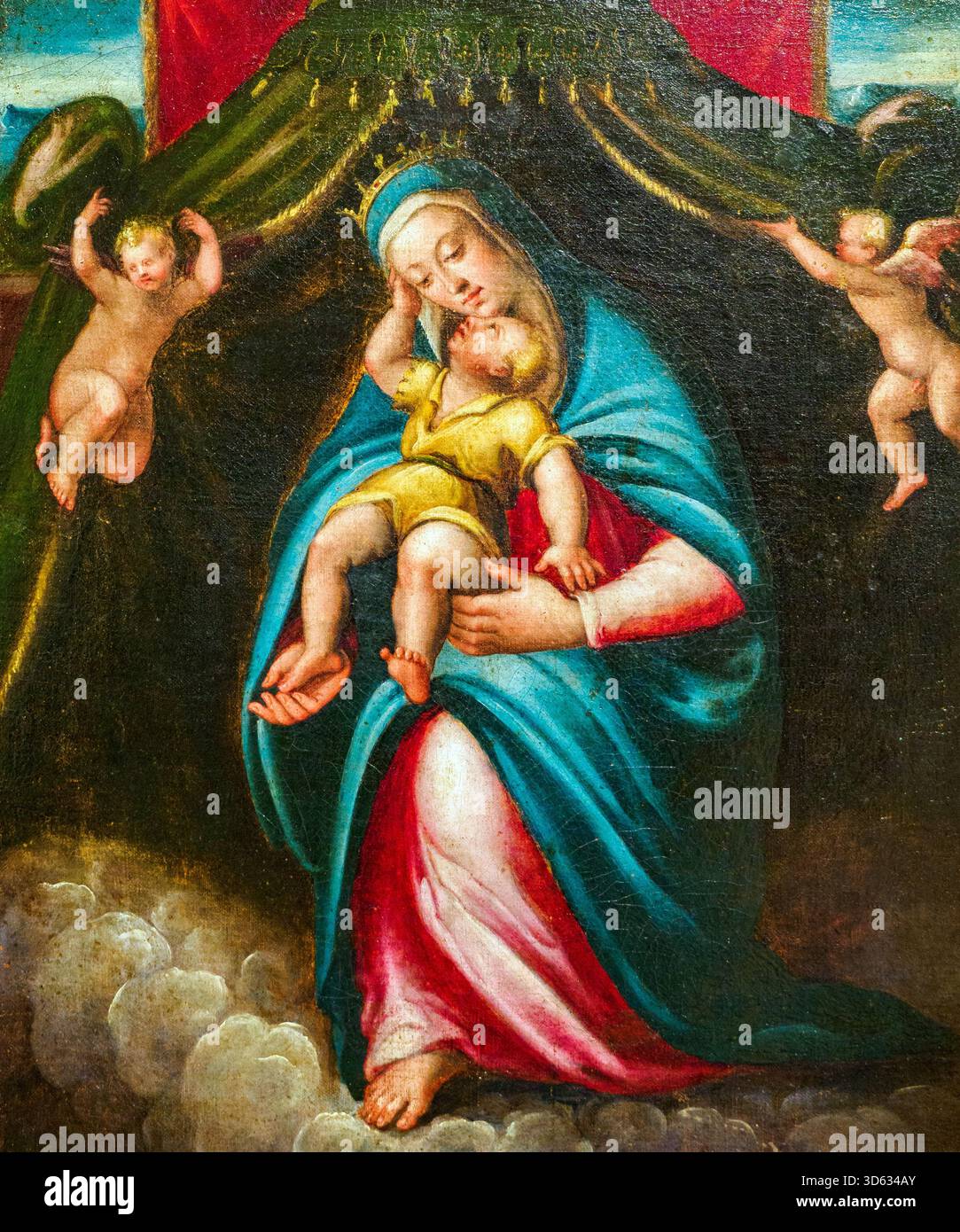 Madonna und Kind unter dem Baldachin, gehalten von zwei Engeln, zweite Hälfte des 16. Jahrhunderts von Barbara Longhi (1552–1638) - Öl auf Leinwand Stockfoto