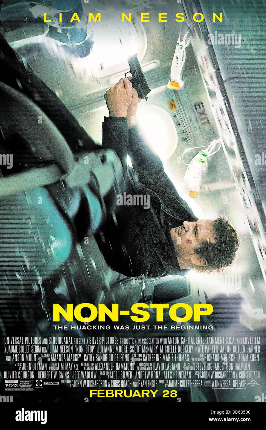 Non-Stop (2014) von Jaume Collet-Serra mit Liam Neeson, Julianne Moore und Scoot McNairy. Auf einem transatlantischen Flug muss ein US-Air Marshal eine tödliche Verschwörung aufdecken, wenn ein Entführer alle zwanzig Minuten damit droht, Passagiere zu töten, es sei denn, die Lösegeldforderungen werden erfüllt. US-Poster NUR FÜR REDAKTIONELLE ZWECKE. Quelle: BFA / Universal Pictures Stockfoto