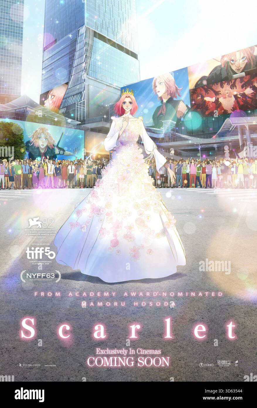 Scarlet (2025) von Mamoru Hosoda mit Mana Ashida, Yuki Kaji und Kana Hanazawa. Eine mittelalterliche Schwertkämpferin macht sich auf, den Mord ihres Vaters zu rächen, doch als sie versagt, erwacht sie in einer seltsamen Welt und muss sich der Wahl stellen zwischen Rache und Bedeutungsfindung jenseits des Hasses. NUR ZUR REDAKTIONELLEN VERWENDUNG des US-Advance-Posters. Quelle: BFA / Sony Pictures veröffentlichen Stockfoto