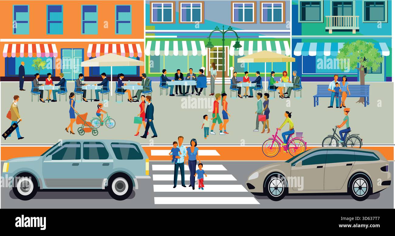 Gruppen von Personen, die Freizeit in einem Wohngebiet mit Restaurants genießen, Illustration Stock Vektor