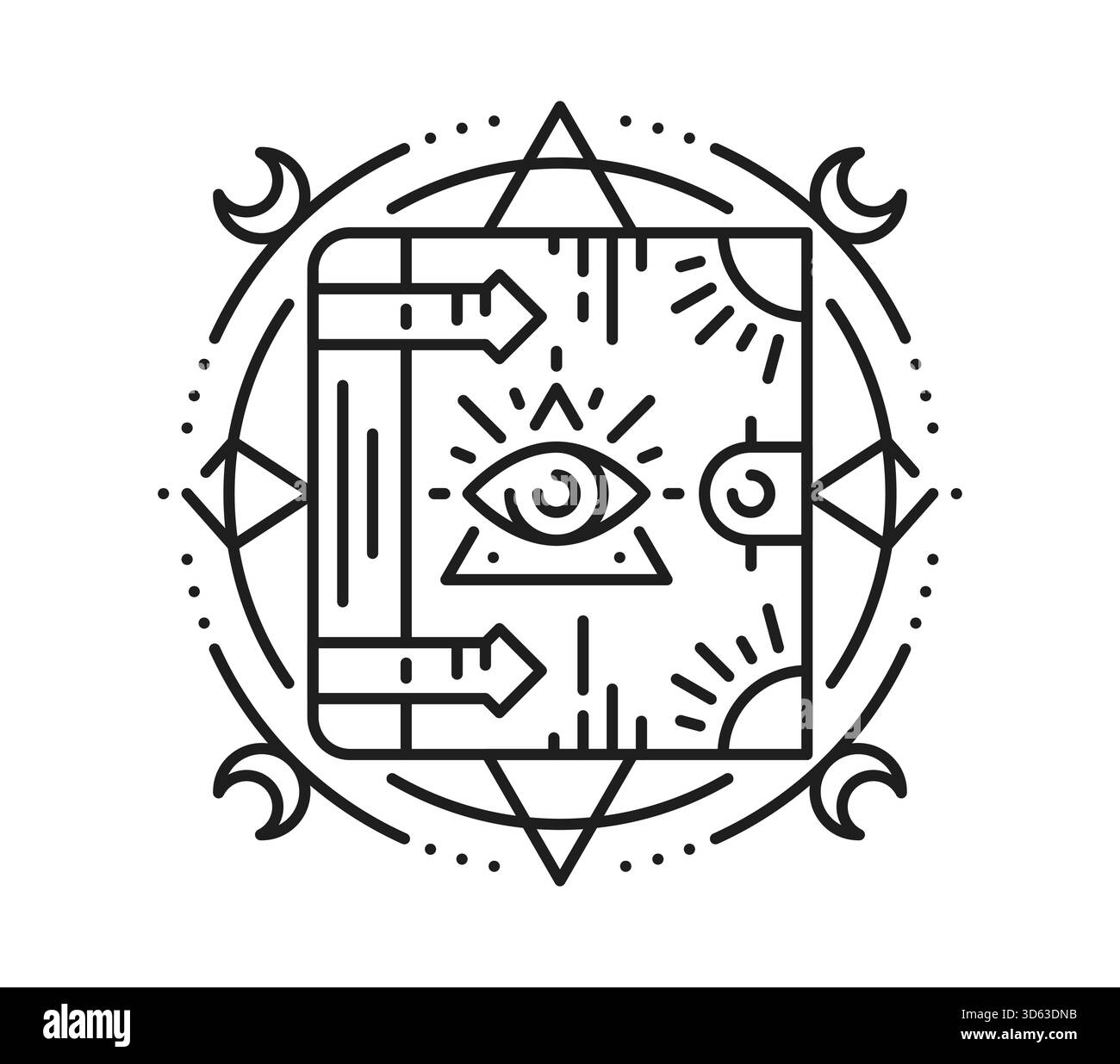 Ägyptisches heiliges Buch esoterische Linie Tattoo oder Zeichen. Ägyptische Kultur heiliges lineares Vektorzeichen, Afrika Mythologie esoterischen Druck. Tattoo der antiken Zivilisation mit Buch, Pyramide und Auge der Vorsehung Stock Vektor