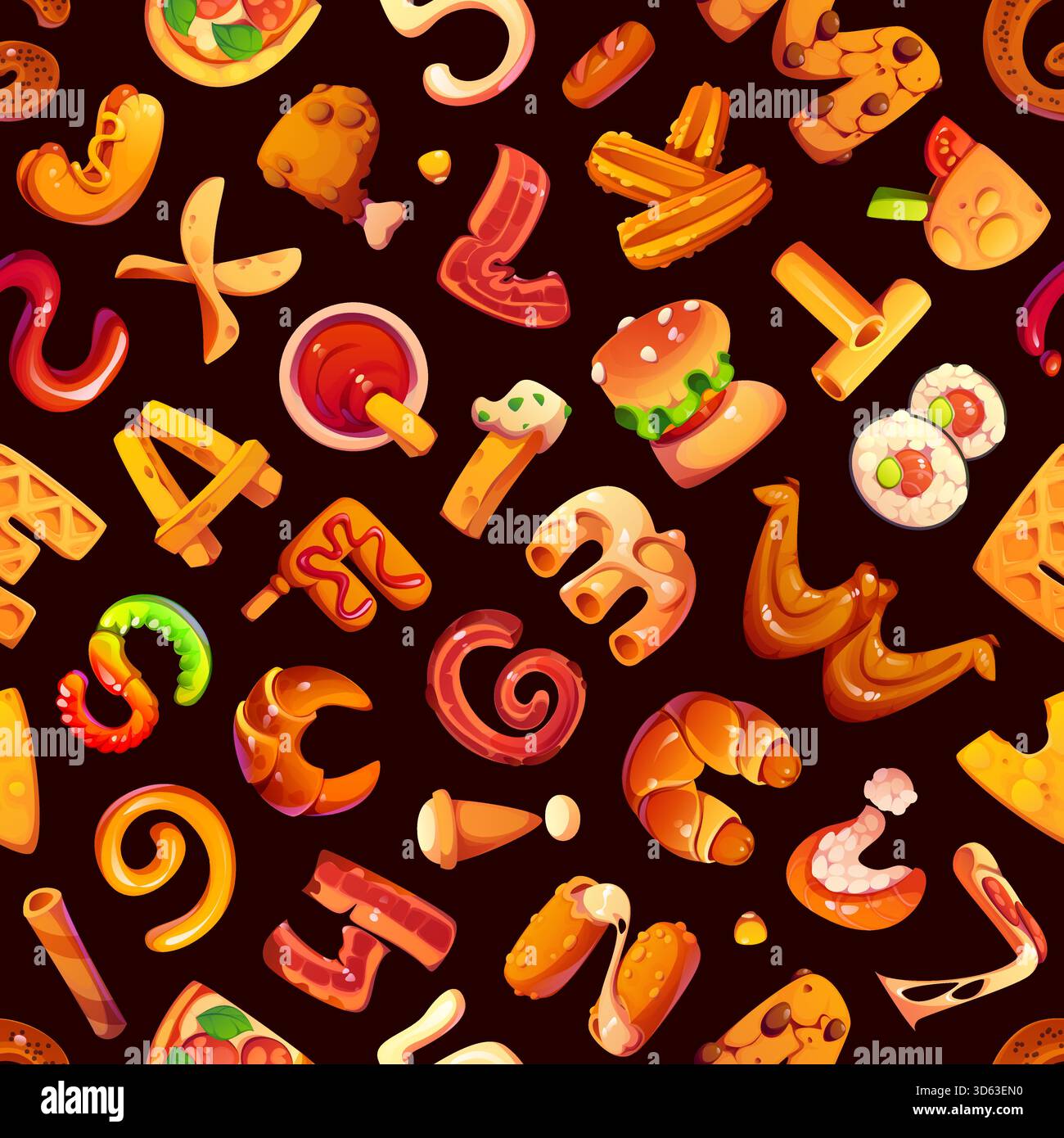 Nahtloses Muster für Fast Food-Schriftzeichen. Vektormuster aus Stoff. Nahtloses Fast Food-Menü mit Speck, Pizza, Sushi und Pommes frites, Hamburger, Nuggets und Chips in englischer Schrift Stock Vektor