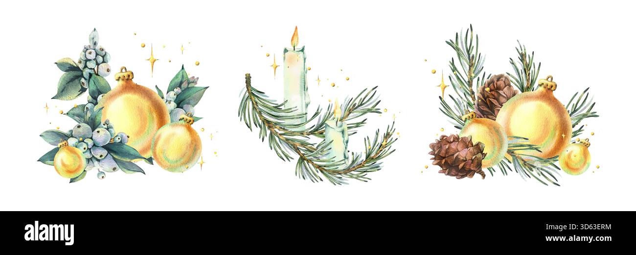 Goldene Kugeln und Kerzen mit Tannenzweigen, Tannenzapfen, Schneebeeren und einem magischen Schimmer. Handgemalte Aquarellillustration. Ein Satz von Stockfoto