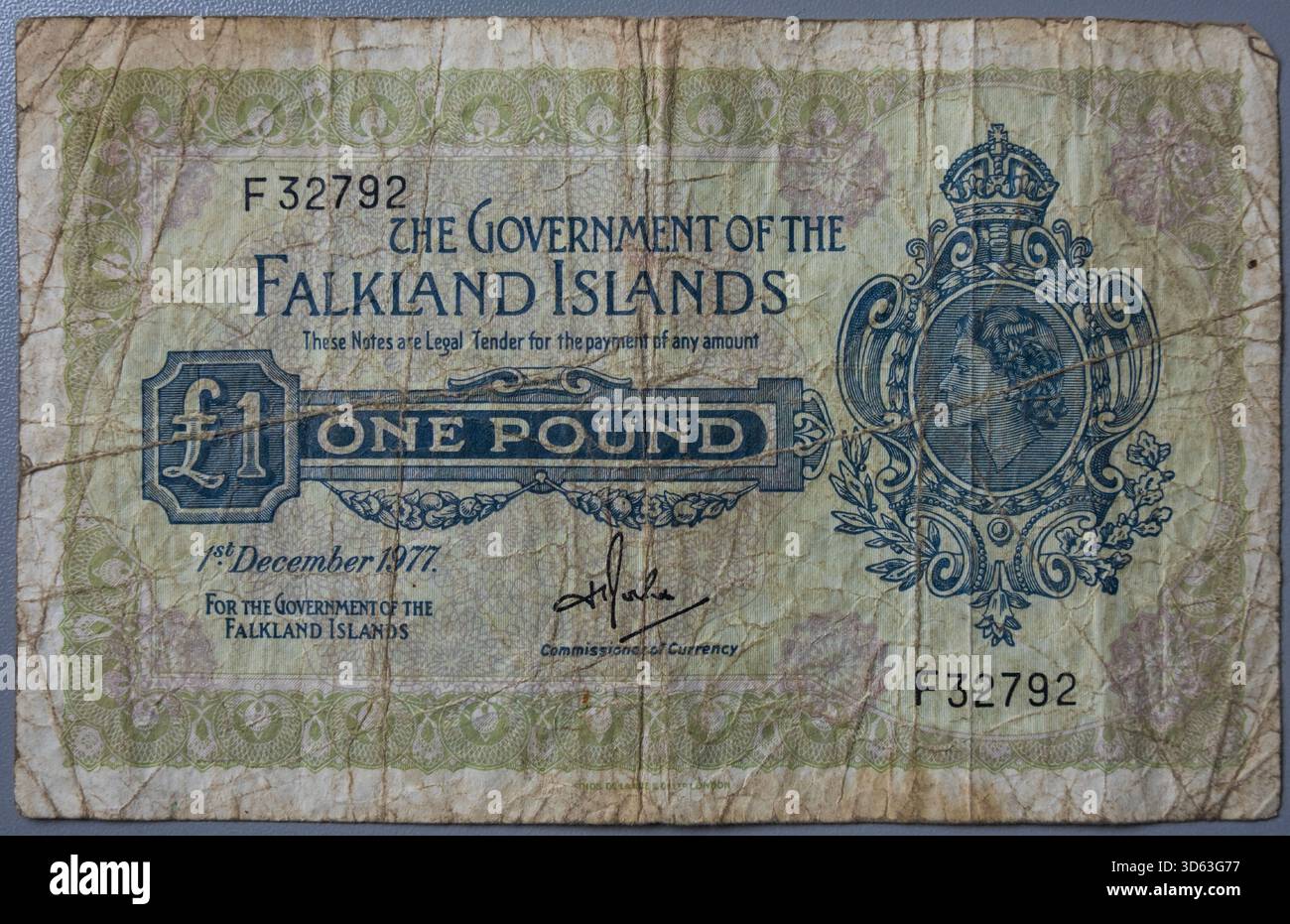Vorderseite, Alt, Falklandinseln 1 Pfund, 1 £-Schein vom !Dezember 1977. Banknote aus dem Umlauf. Stockfoto