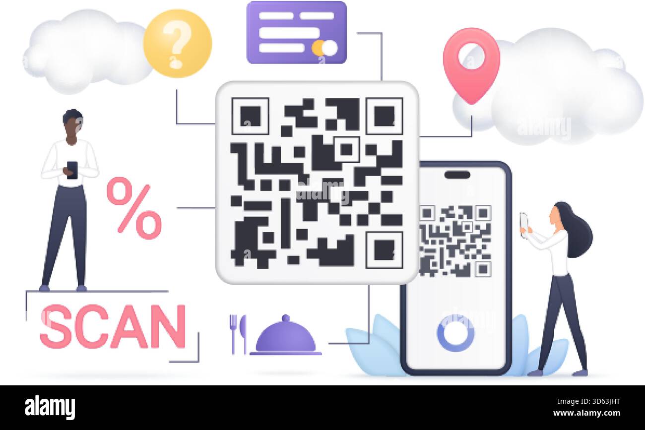 Moderner volumetrischer QR-Code mit Personen, die mit Smartphones scannen, umgeben von Symbolen für Standort, Informationen, Rabatt und Menü, isoliert auf weißem Hintergrund Vektorillustration Stock Vektor