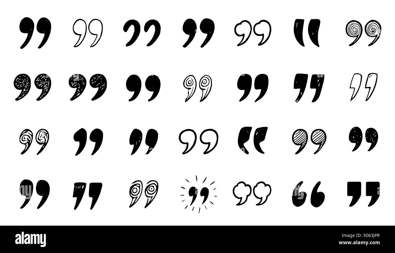 Sammlung verschiedener handgezeichneter Anführungszeichen, Sprechblasen und Zitatsymbole für Botschaften, Dialog und typographisches Design, isoliert auf weißem Hintergrund Vektorillustration Stock Vektor