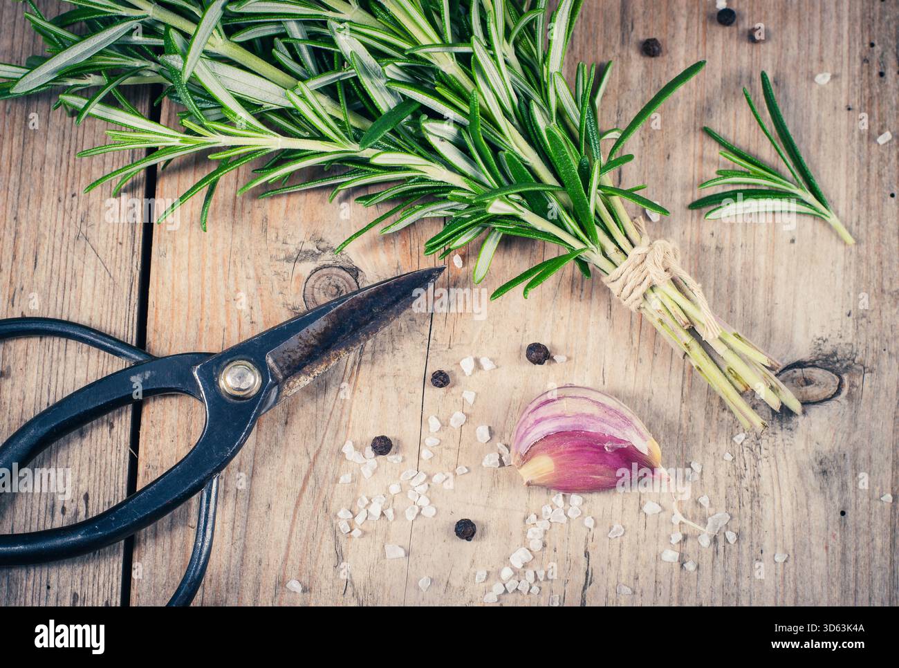 Frischer Rosmarin und eine Knoblauchzehe mit Schere, Salz und Pfeffer auf rustikalem Holzhintergrund. Eine Szene der kulinarischen Zubereitung, perfekt für Konzepte o Stockfoto