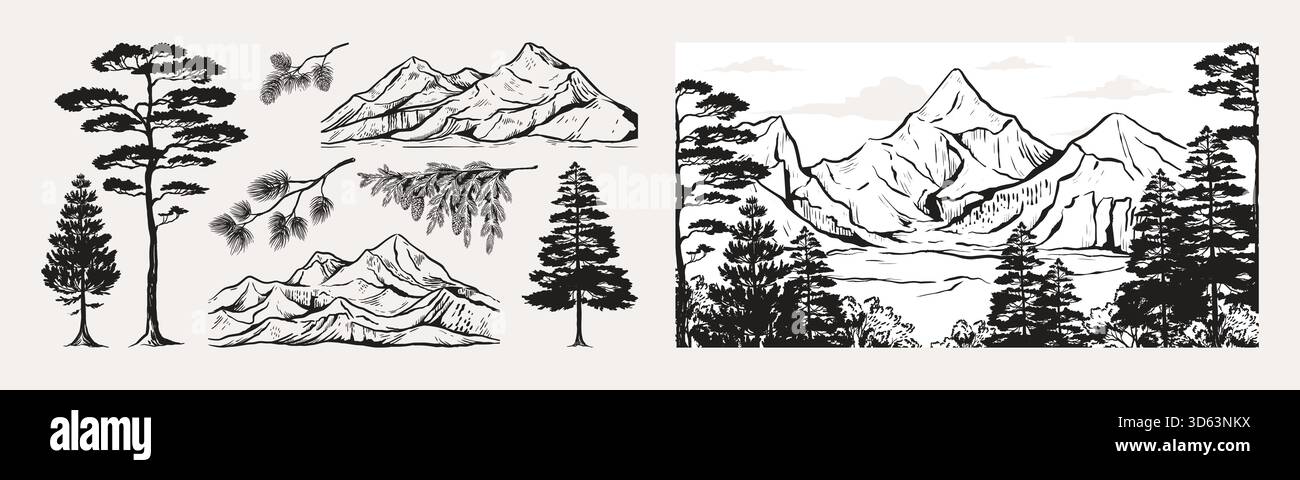 Colorado Mountains. Gesteinsbereich. Nadelbäume aus wildem Wald. Vintage Line Snow Camp Szene oder Wildnis Redwood Tattoo. Naturpanorama-Zeichnung. Waldlandschaft. Satz der grafischen Vektorelemente Stock Vektor