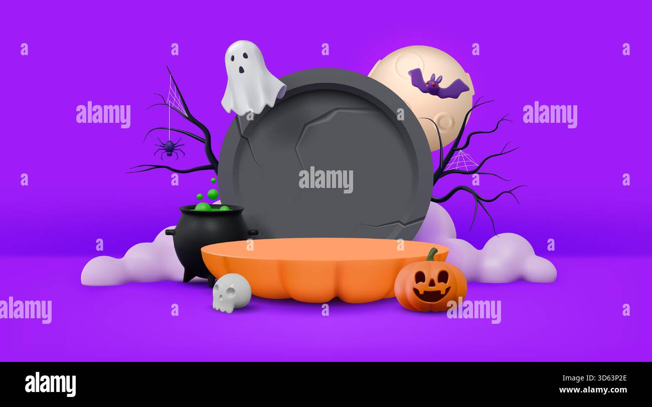 Halloween-Hintergrund. 3d süßer Kürbis, Partykerze und Bühne, leeres Podium mit oktoberlaternen. Lustiges Fledermausmotiv. Banner für Produktpräsentationen. Isolierte 3D-Zeichentrickelemente rendern. Vektorelemente Stock Vektor