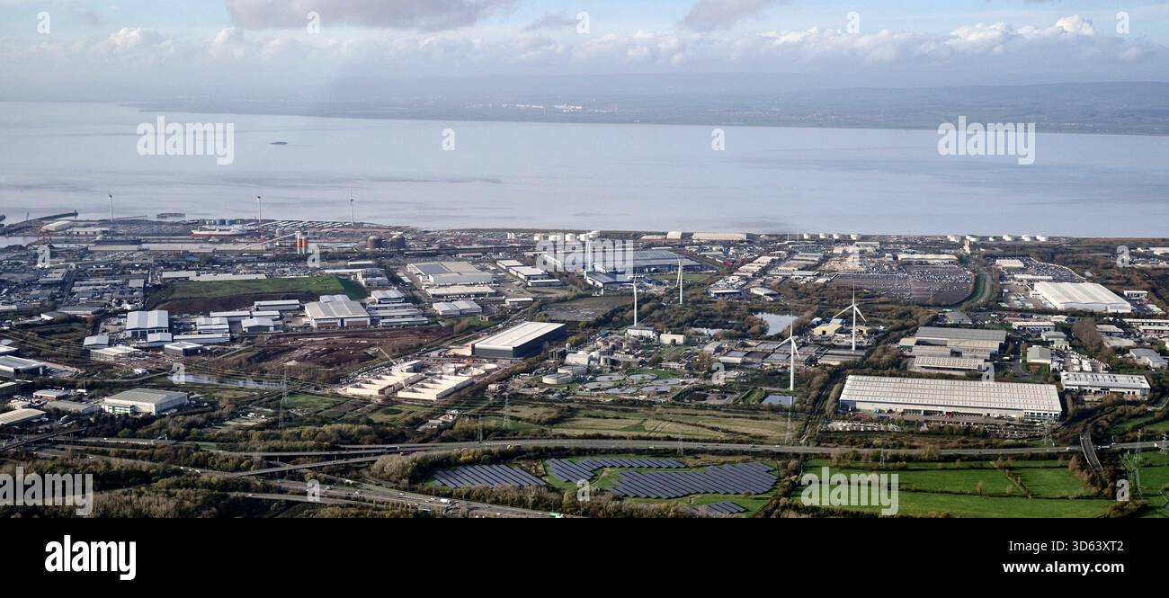 Eine Drohnenaufnahme von Avonmouth Industrial Estate, Bristol SW England, Bristol, Südwestengland, Großbritannien Stockfoto