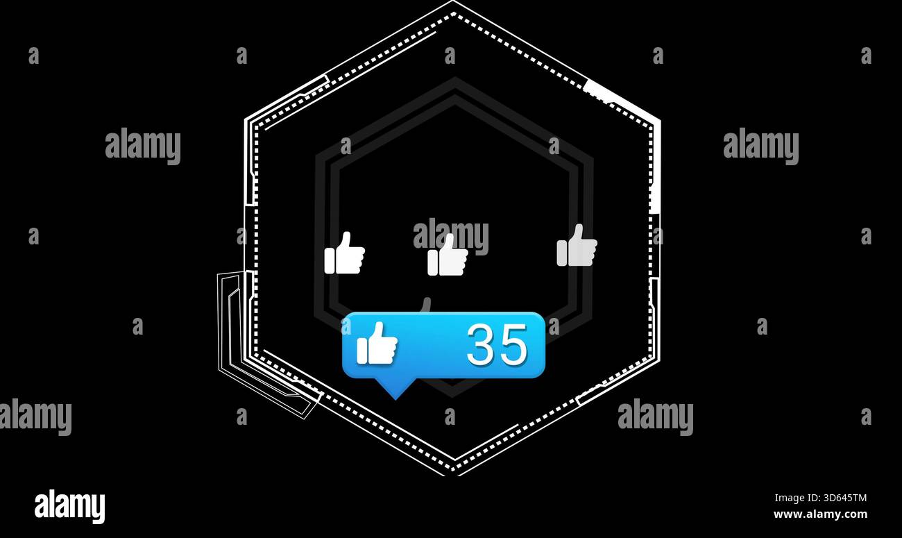 Anzeige der sechseckigen Benutzeroberfläche auf digitaler Leinwand mit weißen Daumen nach oben und blauem Logo 35 Stockfoto