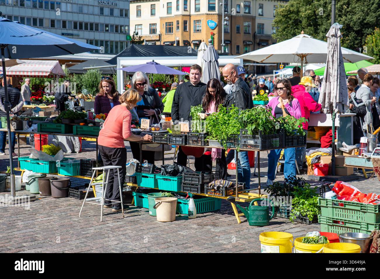 Vegetabl-Händler und Kunden an einem sonnigen Sommertag auf dem Turku Market Square im IV District von Turku, Finnland Stockfoto