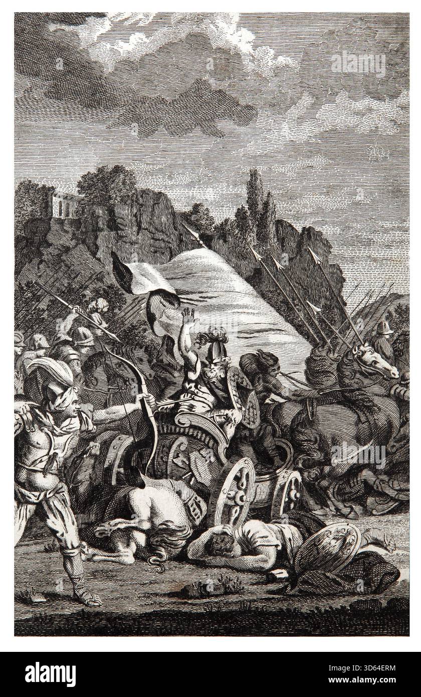 Illustration von Ahab König von Israel in seinem Wagen durch einen Pfeil in der Schlacht von Ramoth-gilead aus dem antiken 18. Jahrhundert die echte und vollständige Stockfoto