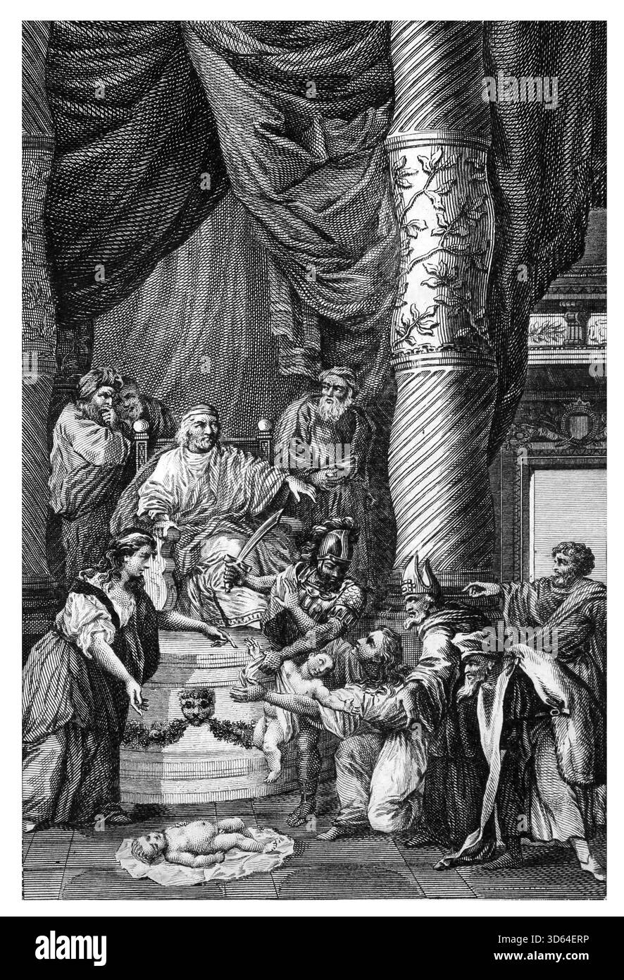 Illustration des Urteils Salomos - zwei Mütter, die im selben Haus lebten, hatten jeweils ein Kind, eines war gestorben und jede Mutter argumentierte, dass sie leben würde Stockfoto