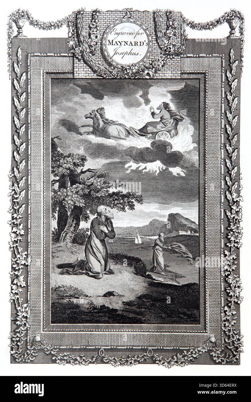 Illustration von Elia, der in den Himmel aufgestiegen ist (2 Könige) Elischa sieht, wie der Prophet Elia in einem Wirbelwind in den Himmel in einem Feuerwagen mit Eli aufsteigt Stockfoto