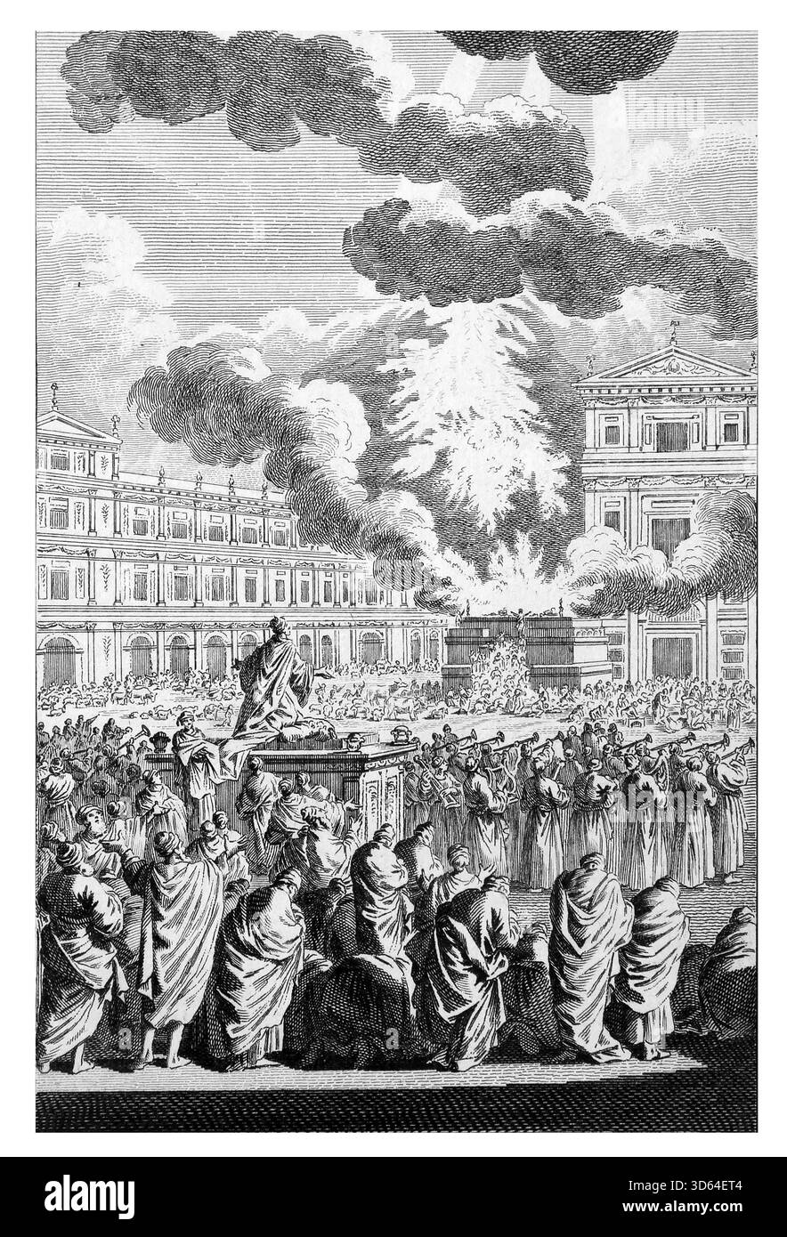 Illustration des ersten Opfers von König Salomo nach der Fertigstellung des Heiligen Tempels, der auf dem Altar durch Feuer vom Himmel (Chroniken) aus dem Antike 18t verbraucht wurde Stockfoto