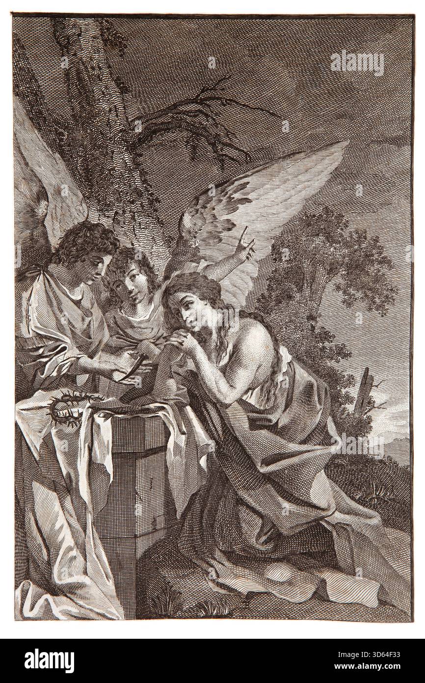 Illustration von Maria Magdalena, die am leeren Grab Jesu Christi weinte, als sie von zwei Engeln aus dem 18. Jahrhundert, dem Reverend Mr., besucht wurde Stockfoto