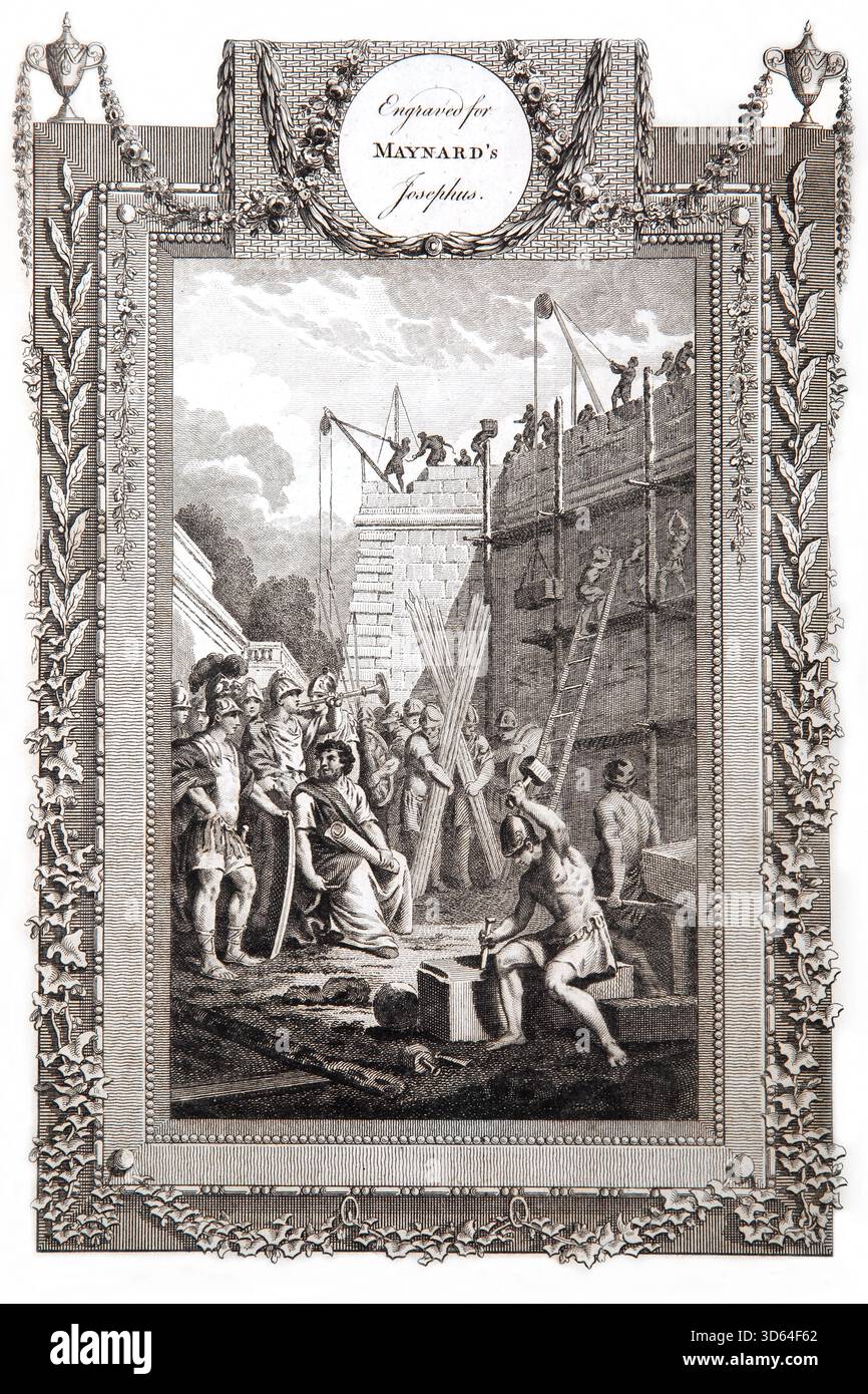 Illustration von König Salomo und dem Bau des ersten Tempels auf dem Berg Moriah (Könige) aus dem antiken 18. Jahrhundert die echten und vollständigen Werke von Stockfoto