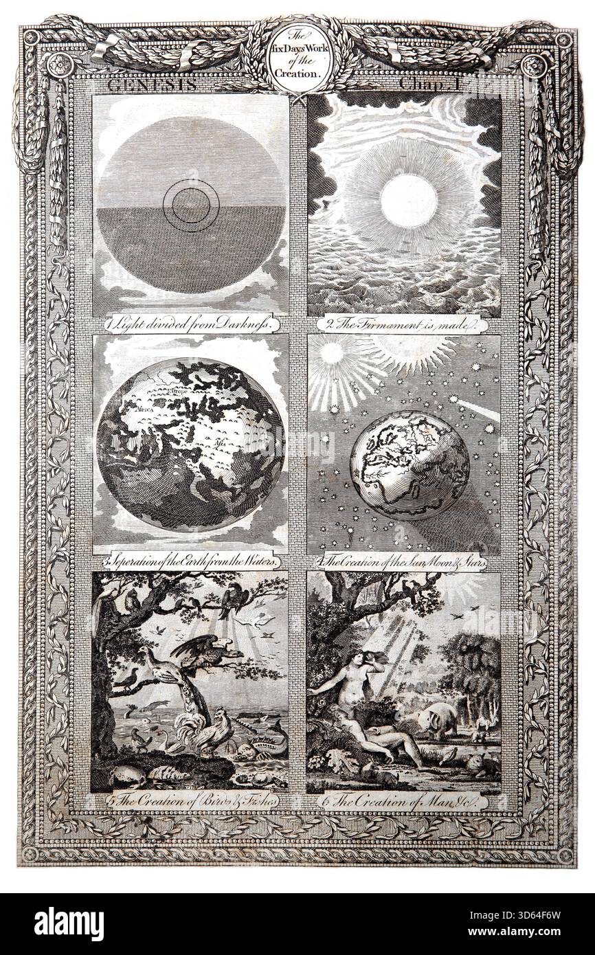 Das sechstägige Werk der Schöpfung (Genesis) aus dem Antiken 18. Jahrhundert die echten und vollständigen Werke des jüdischen Historikers Flavius Josephus A Continuati Stockfoto