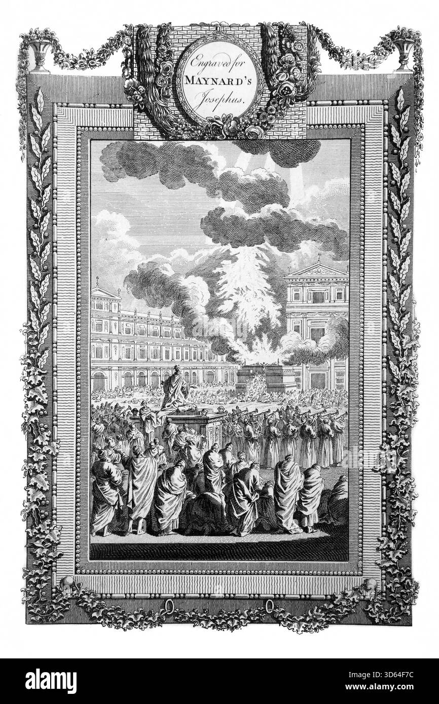 Illustration des ersten Opfers von König Salomo nach der Fertigstellung des Heiligen Tempels, der auf dem Altar durch Feuer vom Himmel (Chroniken) aus dem Antike 18t verbraucht wurde Stockfoto