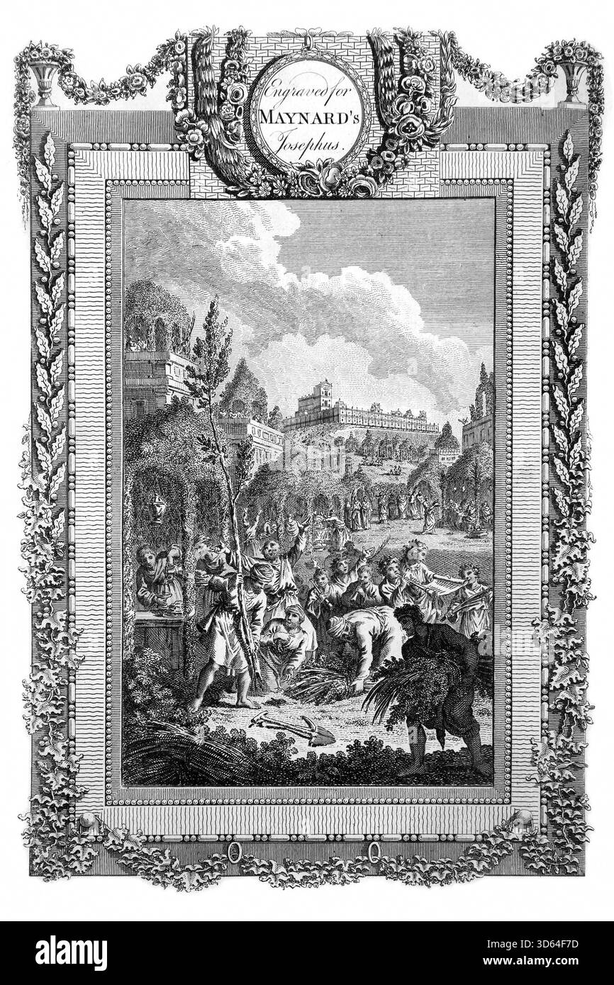 Illustration des Tabernakelfestes zum Gedenken an die 40-jährige Reise der Israeliten in die Wildnis aus dem antiken 18. Jahrhundert, dem Genui Stockfoto