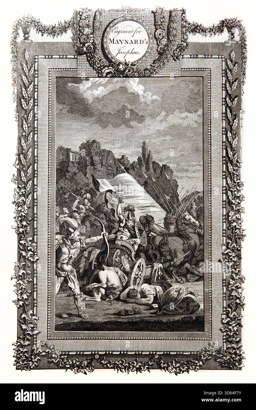 Illustration von Ahab König von Israel in seinem Wagen durch einen Pfeil in der Schlacht von Ramoth-gilead aus dem antiken 18. Jahrhundert die echte und vollständige Stockfoto