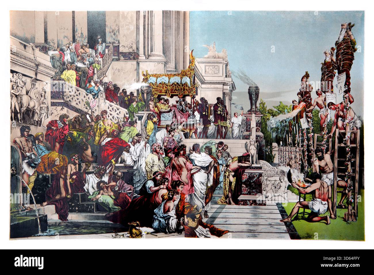 Der Kaiser Nero, der Zeuge der Verbrennung der christlichen Märtyrer (Römer) aus der Ausgabe 1890 der schönen Geschichte Goldene Edelsteine der Religionen ist Stockfoto