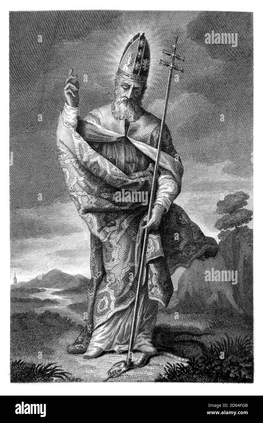 Illustration des heiligen Patrick Schutzheiligen von Irland mit einer Schlange, die unter seinem Stab festgehalten ist, aus einer Legende, in der er alle Schlangen in Irland verbannt hat Stockfoto