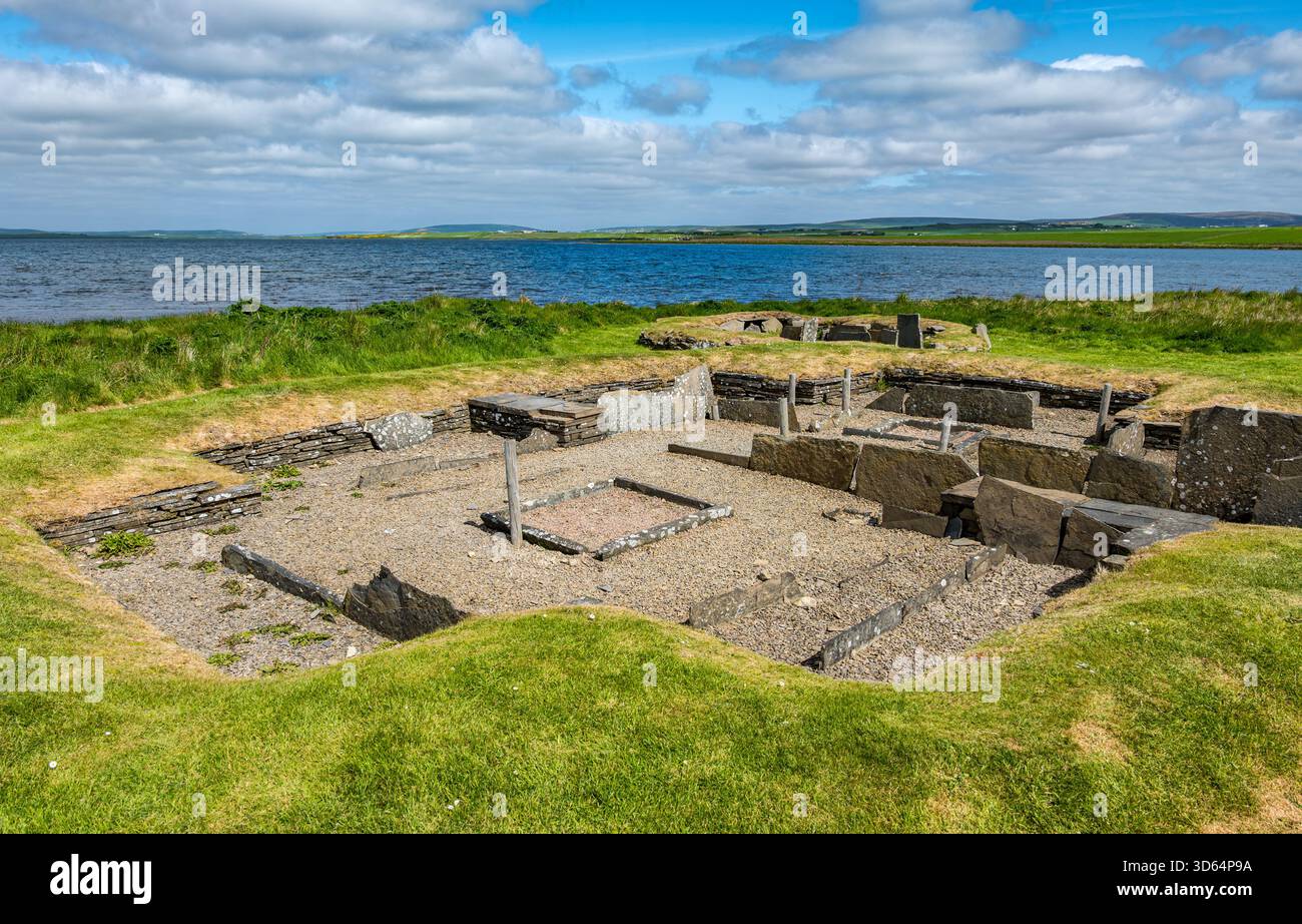 Ansicht der Überreste der neolithischen Siedlung Barnhouse, Orkney Islands, Schottland, Großbritannien Stockfoto