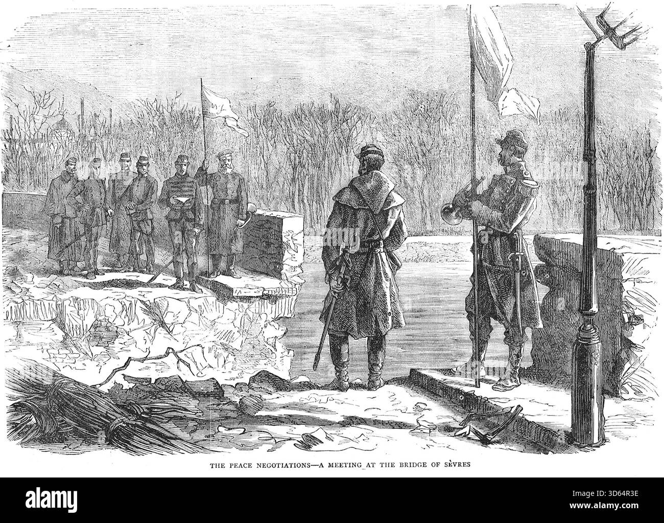 Die Friedensverhandlungen, ein Treffen an der Brücke von Sèvres, Oktober 1870 während des Deutsch-Französischen Krieges. Stockfoto