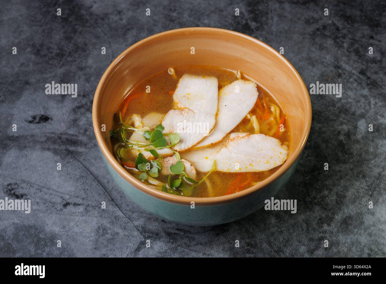 Eine gemütliche Schüssel mit Hühnchennudelsuppe mit Hühnerscheiben, zarten Nudeln, Karottenbändern und frischem Mikrogrün in einer reichhaltigen Brühe. Perfekt für Stockfoto