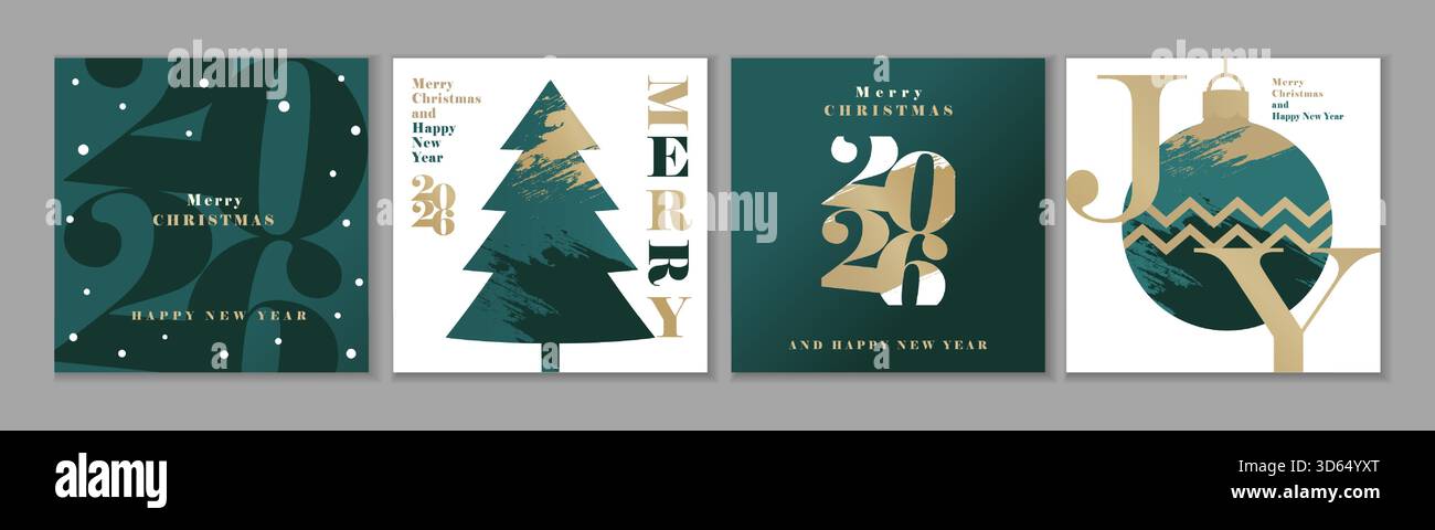 Frohe Weihnachten und Happy New Year 2026 Moderne Grußset. Kreative 2026 Zahlen, weihnachtsbaum und Weihnachtsball. Freude an der Welt, Vektordesign Stock Vektor
