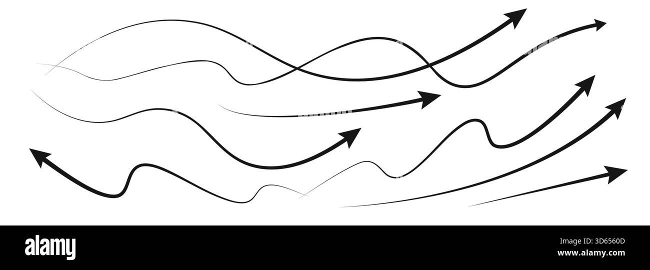 Lange wellige Pfeile gesetzt, Doodle Hand gezeichnet weit oben unten links rechts dünne Pfeilrichtung Symbol auf weißem Hintergrund. Vektorabbildung Stock Vektor