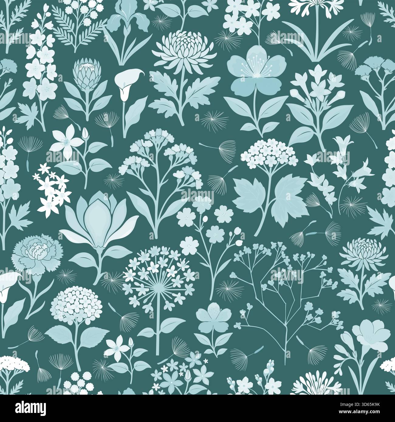 Blaues und hellblaues nahtloses Blumenmuster. Handgezeichnet. Nicht AI, Vektordarstellung. Stock Vektor