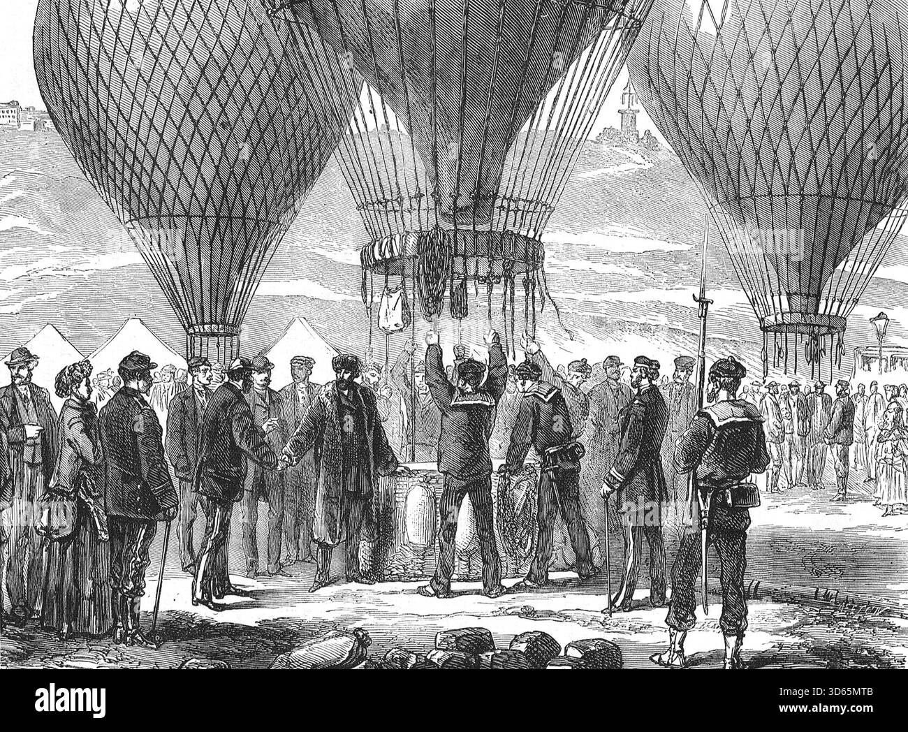 Abfahrt von Léon Gambetta an Bord der Armand-Barbès, 7. Oktober 1870. Der Flug nach Tours, um den französischen Widerstand während des Deutsch-Französischen Krieges zu organisieren. Eine gewagte Flucht vor der Belagerung von Paris. Stockfoto