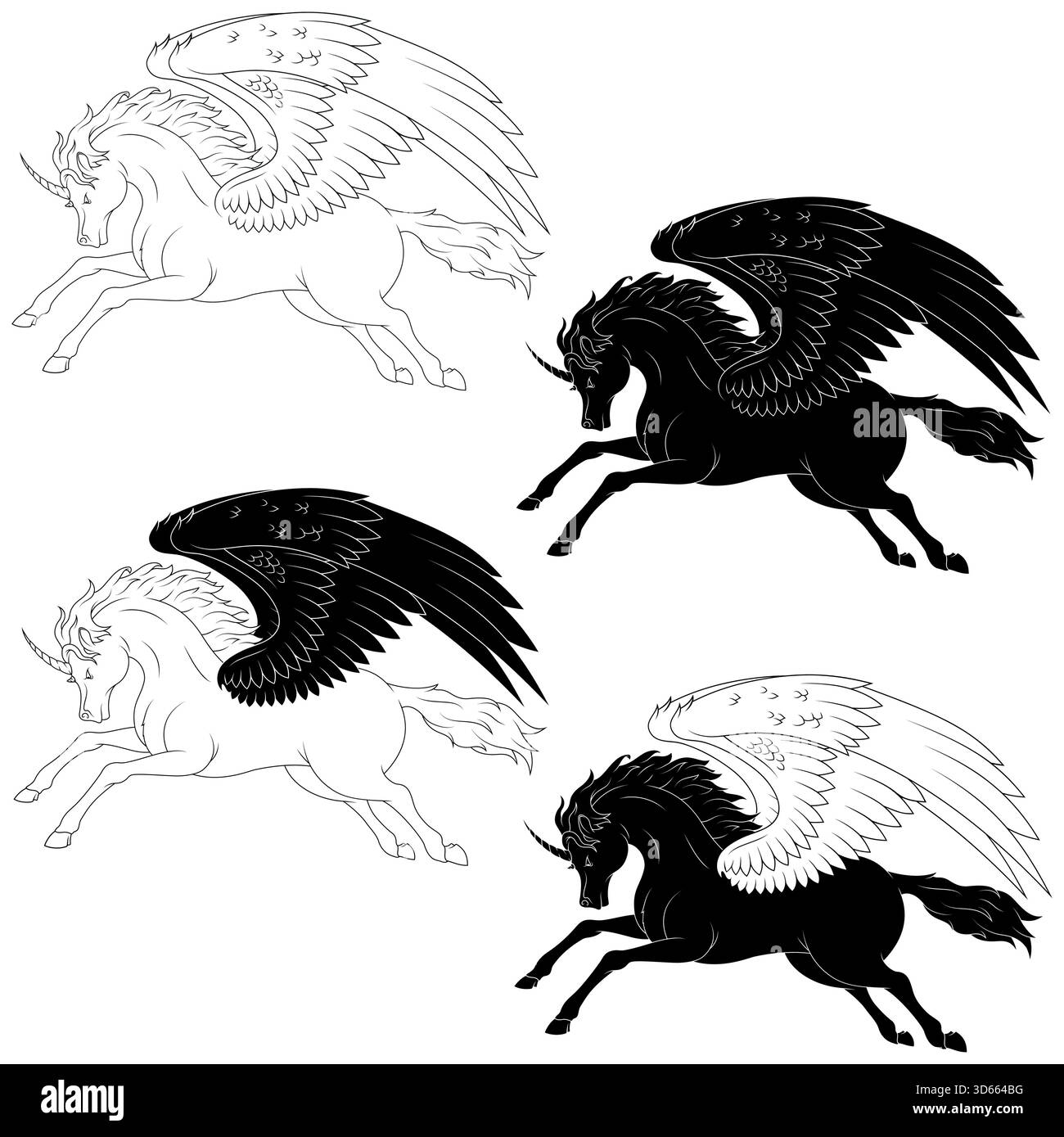 Pegasus geflügeltes Pferd aus der griechischen Mythologie, geflügelte Fantasy-Kreatur, geflügeltes Einhorn Stock Vektor