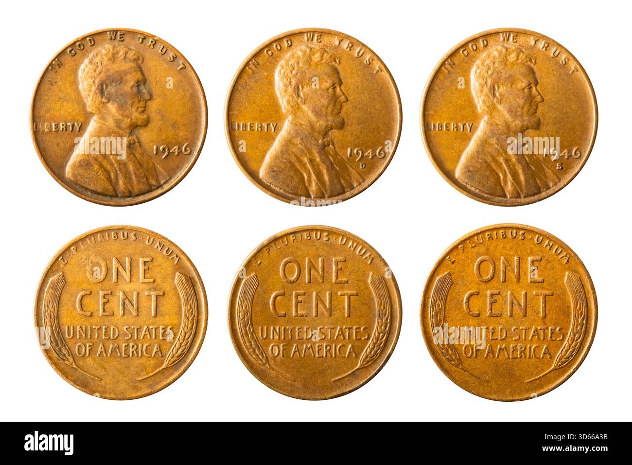 Isoliertes Foto von 1 Lincoln Wheat Cent USA 1946 P, D und S Münze auf weißem Hintergrund. Stockfoto