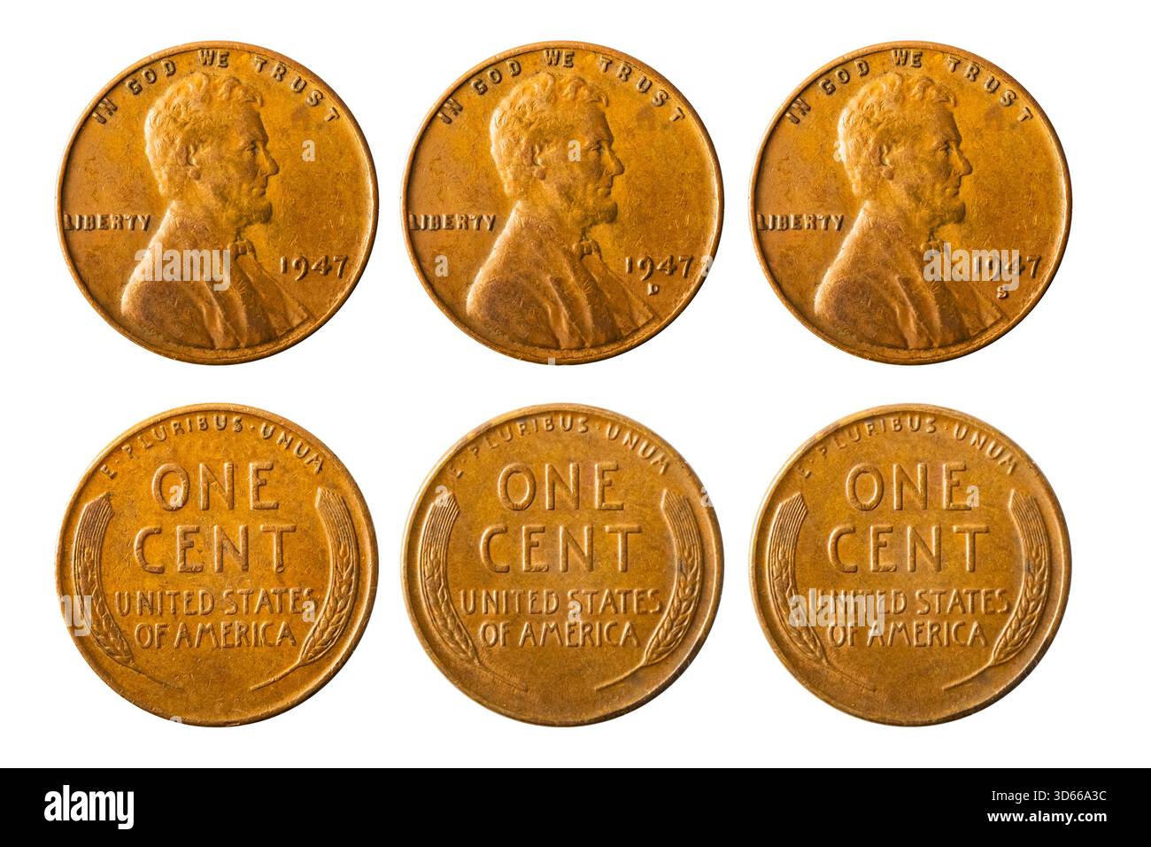 Isoliertes Foto von 1 Lincoln Wheat Cent USA 1947 P, D und S Münze auf weißem Hintergrund. Stockfoto