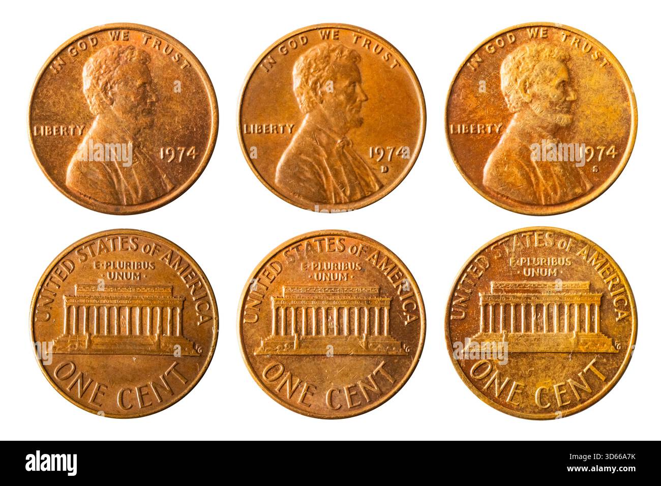 Isoliertes Foto von 1 Lincoln Memorial Cent USA 1974 P, D und S Münzen auf weißem Hintergrund. Stockfoto