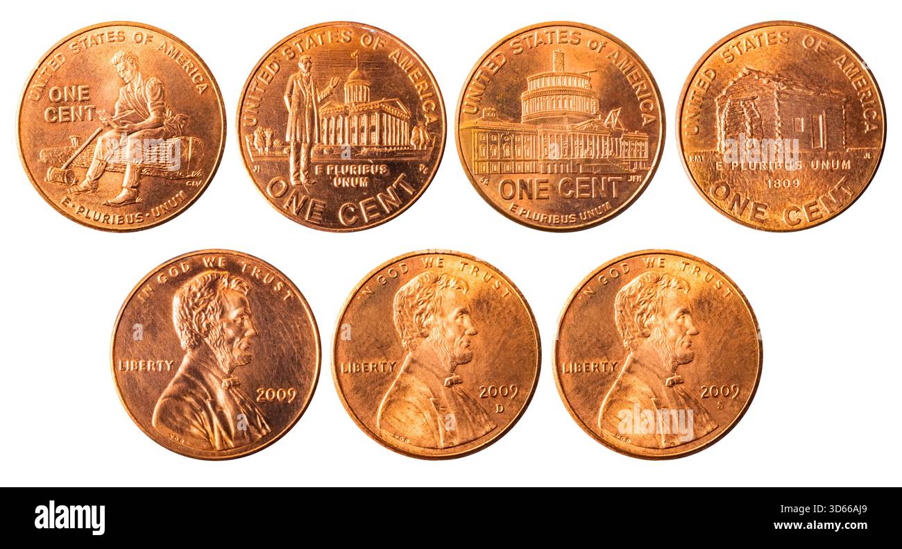 Isoliertes Foto von 1 Lincoln-Gedenkcent USA 2009 P-, D- und S-Münzen auf weißem Hintergrund. Stockfoto