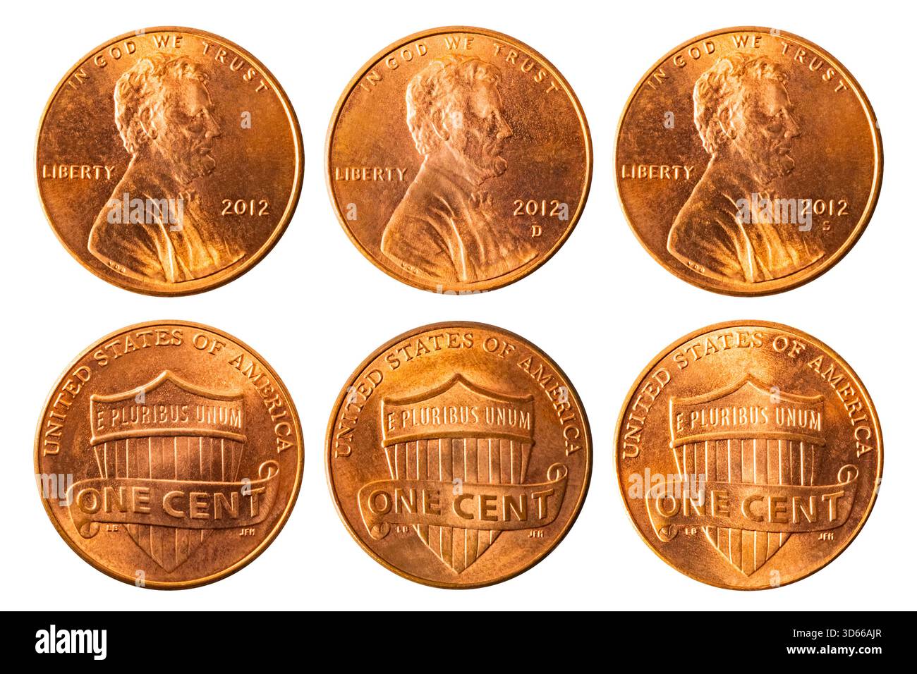 Isoliertes Foto von 1 Lincoln Shield Cent USA 2012 P-, D- und S-Münzen auf weißem Hintergrund. Stockfoto
