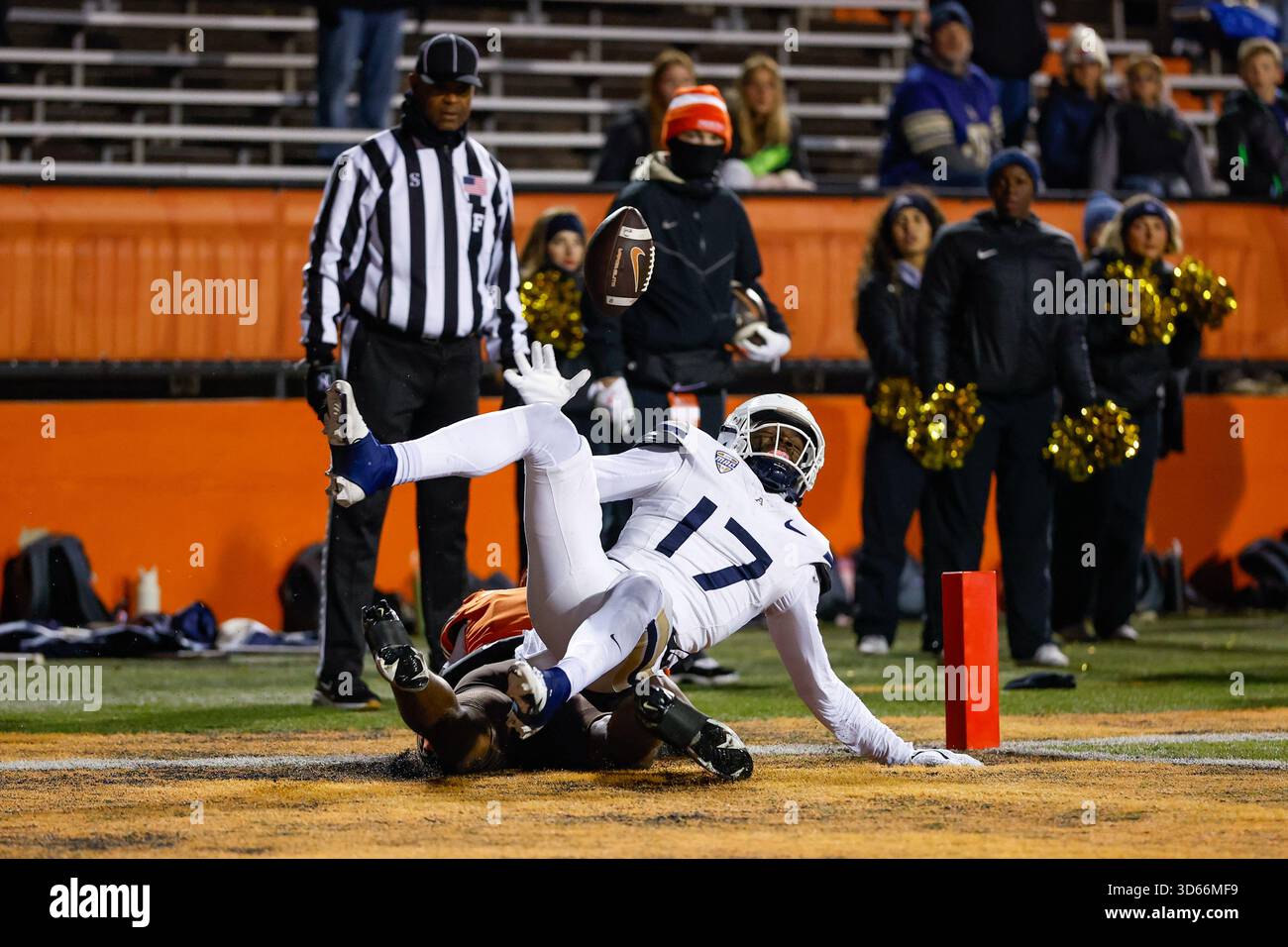 18. November 2025: Malcom Dewalt IV (17) bricht einen Pass-Versuch im vierten Viertel des NCAA-Fußballspiels zwischen Akron und Bowling Green im Doyt Perry Stadium in Bowling Green, OH. Brian Fisher/CSM/SIPA USA (Kreditbild: © Brian Fisher/Cal Sport Media/SIPA USA) Credit: SIPA US/Alamy Live News Stockfoto