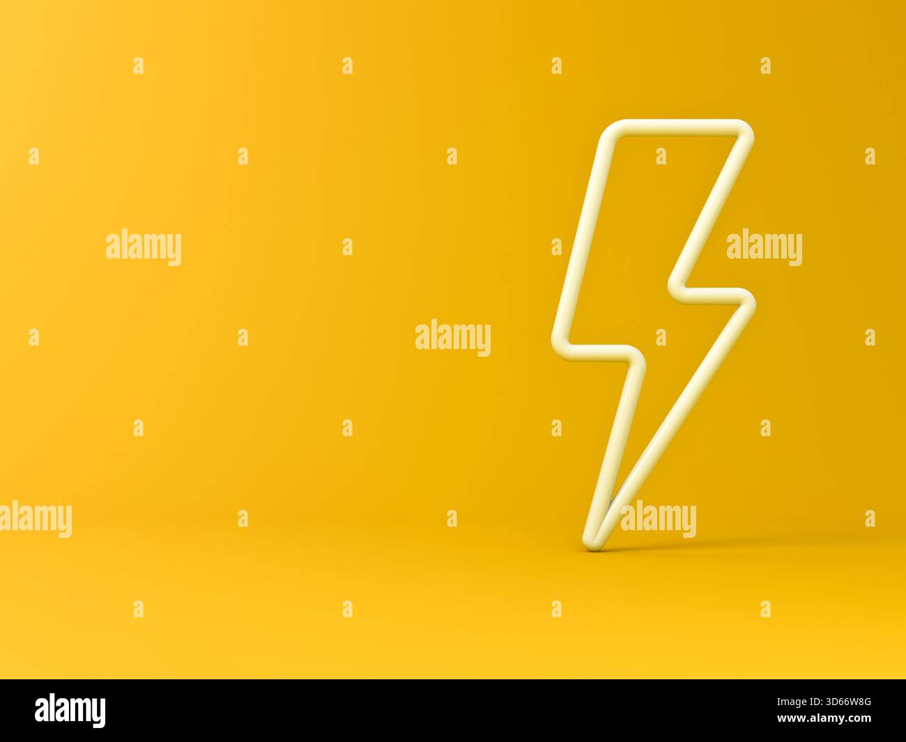 Weißer Donner oder Blitz isoliert auf gelbem Hintergrund mit Schatten Minimal Concept 3D-Rendering Stockfoto