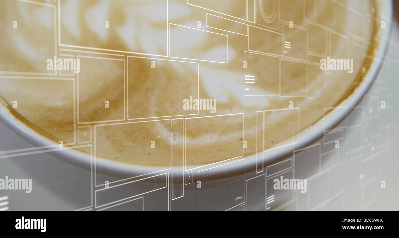 Mit weißer Keramikschale, die auf einem hellen Tisch sitzt, mit cremigem Latte-Schaum-Wirbel und UI-Overlay Stockfoto