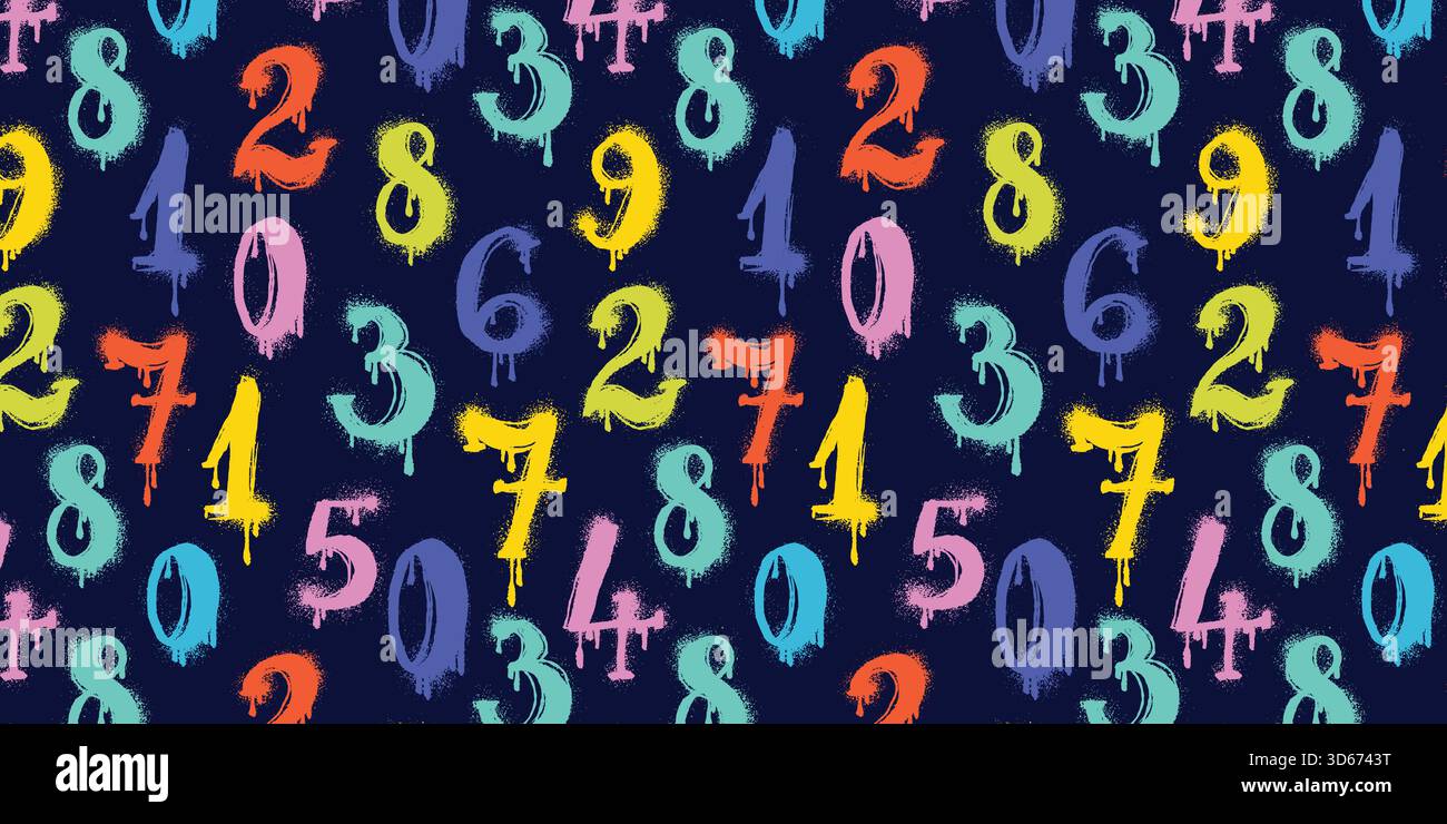 Abstraktes Graffiti-Muster mit Zahlen. Handgezeichnete Sprayziffern mit Grunge-Spritzer-Textur. Buntes Street Art Design mit tropfender Schablone Stock Vektor
